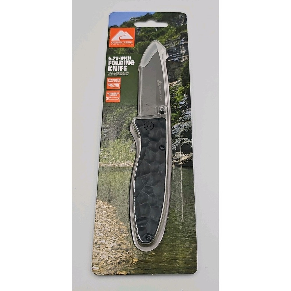 Ozark Trail 6.75 Folding Knife Stainless Steel Blade Aluminum Black Handle NEW